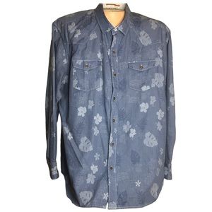 Tommy‎ Bahama blue long sleeve Hawaiian flower cotton button up shirt XL